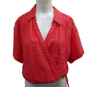 Athleta Playa 100% Linen Short Sleeve Collared Wrap Shirts Size L Coral Resort